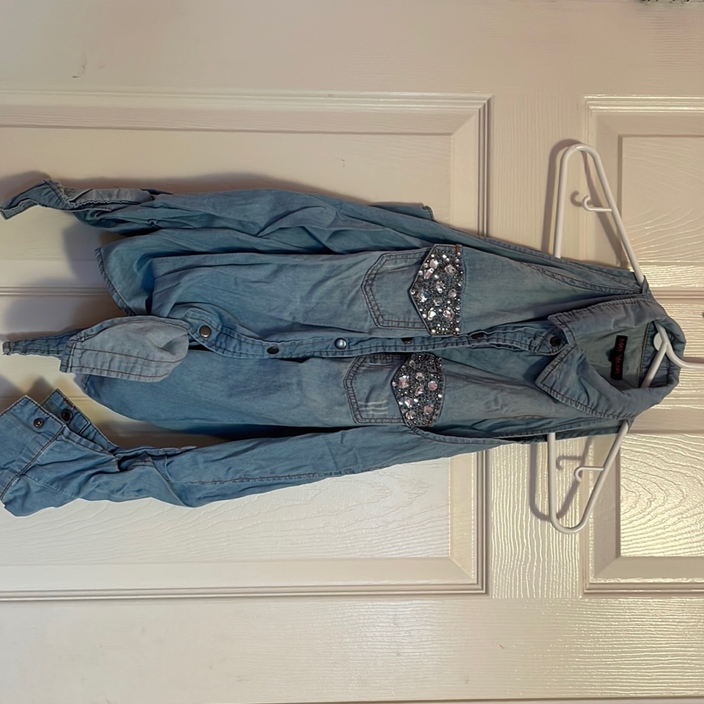 Jean cut out shoulder button up with tie top